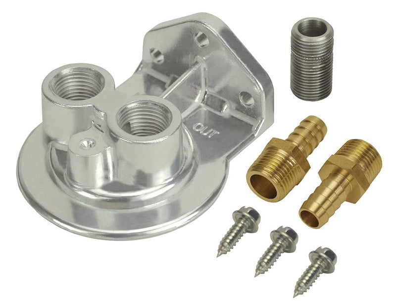 Derale Oil Filter Mount, Ports Up, 1/2 in NPT Female Ports, 3/4-16 in Center Thread, Aluminum, Polished, Universal, Kit - Image 1